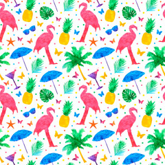 Colorful summer elements seamless pattern background. Flamingo, monstera leafs, cocktails and sunglasses. Watercolor silhouettes. Vector illustration