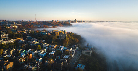 Foggy morning at Cincinnati, Ohio, USA skyline aerial view