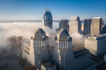 Foggy morning at Cincinnati, Ohio, USA skyline aerial view