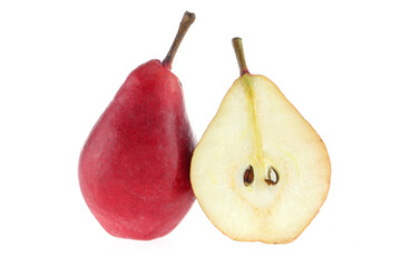 Isolated pears. Three cut red pear fruits isolated on white background