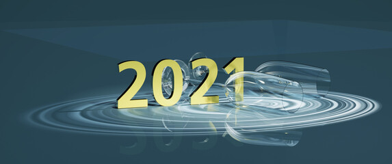 seasons greetings with golden 2021 sign and champagne glasses on turquoise floor with jupiter rings