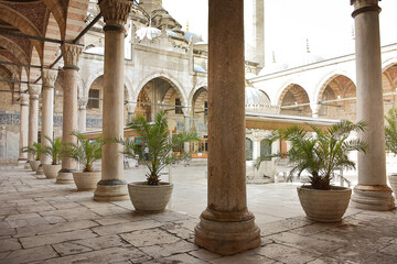 Obraz premium The garden of Yeni Camii meaning New Mosque; originally named the Valide Sultan Mosque (Turkish: Valide Sultan Camii) Istanbul, Turkey. 
