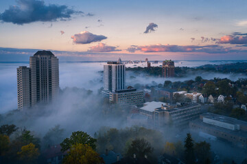Foggy morning at Cincinnati, Ohio, USA skyline aerial view