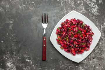 top view tasty vinaigrette salad with beets and beans on grey background meal photo health food