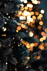 Christmas tree outdoor with snow, lights bokeh around, and snow falling, Christmas atmosphere. Light night blur bokeh on christmas tree, light bokeh background. © Mykhailo Feriukov