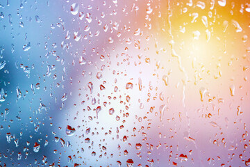 rain droplets on glass over calm colorful background. abstract colorful rainy backdrop
