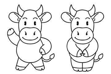 Cattle character greeting. Vector line art illustrations set.