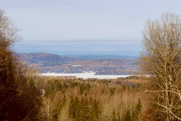 Winter landscape around a lake in Quebec, Canada, in December