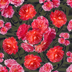 Seamless floral raster pattern. Pink and red roses are randomly scattered against a dark textured background.