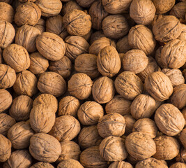 Walnuts. Walnuts in the shell. Background. Top view.