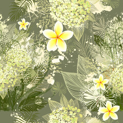 Gentle Vintage Botanical Seamless Background with Hydrangea. Botanical Vector Illustration