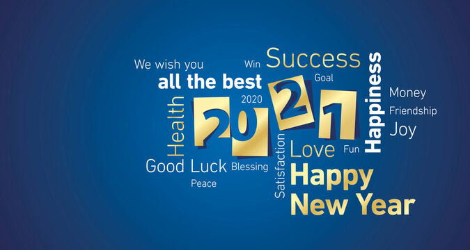 Happy New Year 2021 shining gold white word cloud blue board background