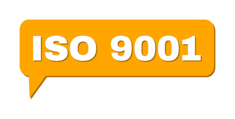 Chat ISO 9001 Colored Cloud Frame. ISO 9001 phrase is located inside colored cloud with shadow. Vector quote tag inside talking frame.