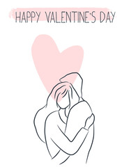 Happy Valentine's Day illustration. A loving couple hugs. Young man and young woman on a pink heart background. Romantic greeting card. Vector outline illustration