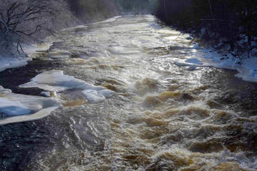 Icy river in the Canadian winters in Quebec