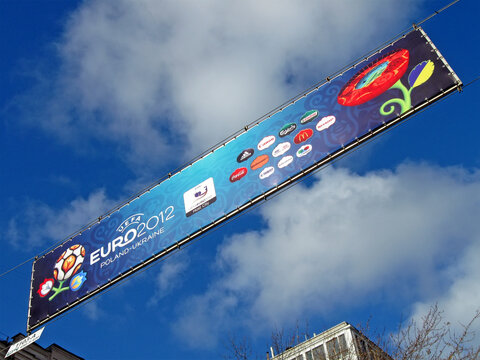 Message board with euro 2012 announcemeent in Kiev, Ukraine, June 2012.