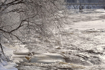 Icy river in the Canadian winters in Quebec