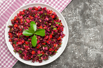 top view tasty vinaigrette beet salad inside plate on dark background health diet food