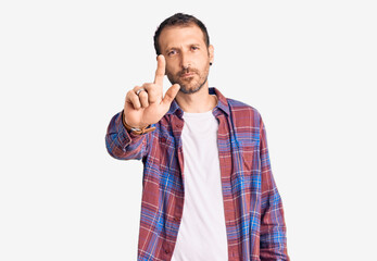 Fototapeta premium Young handsome man wearing casual clothes pointing with finger up and angry expression, showing no gesture