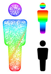 Rainbow colorful net mesh man alone, and solid rainbow gradient man alone icon. Hatched carcass flat net abstract symbol based on man alone icon, made from crossing lines.