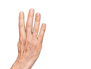 Hand of caucasian middle age man over isolated white background counting number 4 showing four fingers