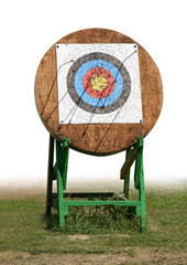 outdoor archery targets on grass field in summer day. Isolated on white.