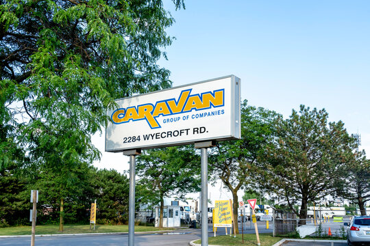 Oakville, Ontario, Canada - July 28, 2019: Sign Of Caravan Group Of Companies In Oakville, Ontario, Canada, One Of Canada’s Premiere, Privately Owned, Cross Border Transportation Carriers. 