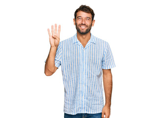 Naklejka premium Handsome young man with beard wearing casual fresh shirt showing and pointing up with fingers number four while smiling confident and happy.