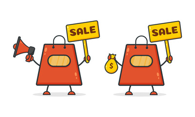 Cute shopping bag. Illustration vector graphic shop bag cartoon character  holding sale banner. Perfect for Ecommerce, Symbol of promotion sale, store web element. 