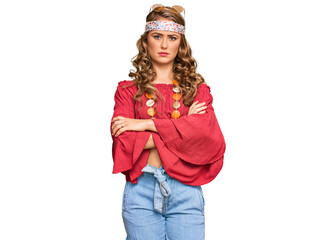 Young blonde girl wearing bohemian and hippie style skeptic and nervous, disapproving expression on...