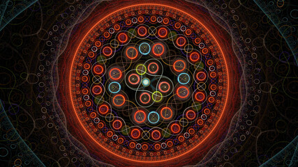 Abstract Symmetrical kaleidoscope pattern design unique line electric neon hippie retro modern background mandala