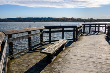 Fototapeta premium Nisqually Estuary Boardwalk Trail on a sunny fall day, Nisqually National Wildlife Refuge, Washington State 