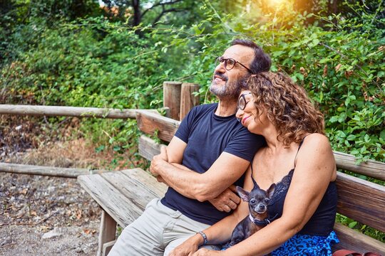 Middle age couple smiling happy looking at the sky. Sitting on the bench with chihuahua dog at park