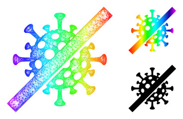 Spectrum colorful crossing mesh no covid virus, and solid spectrum gradient no covid virus icon. Wire carcass flat net abstract symbol based on no covid virus icon, is made from crossing lines.
