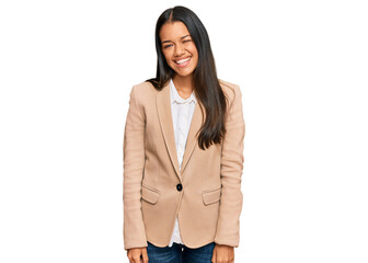 Beautiful hispanic woman wearing business jacket winking looking at the camera with sexy...