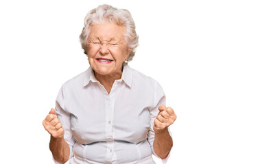 Senior grey-haired woman wearing casual clothes very happy and excited doing winner gesture with arms raised, smiling and screaming for success. celebration concept.