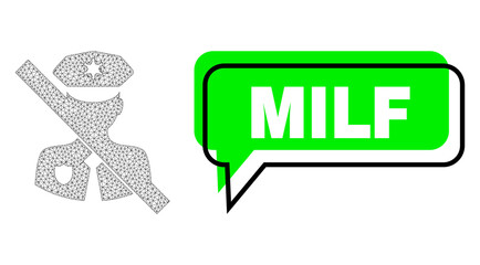 Shifted Milf green text speech shape and no police guard wireframe model. Vector flat no police guard, created from flat mesh. Green speech has Milf title inside black contour, and colored cloud.