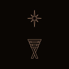 Geometric line drawing of manger and star of Bethlehem, symbolizing the birth of Christ.