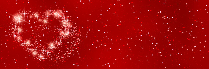 Fototapeta premium Valentine's Day vector banner. Red blurred background with hearts and light effects