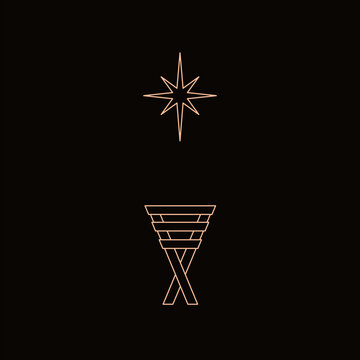 Geometric line drawing of manger and star of Bethlehem, symbolizing the birth of Christ.
