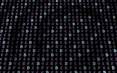 Bitcoin and currency on a dark background. Digital crypto symbol. Currency bubble, wave effect, market fluctuations. Business concept. 3D illustration