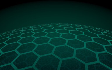 Multilayer sphere of honeycombs, green on a dark background, social network, computer network, technology, global network. 3D illustration