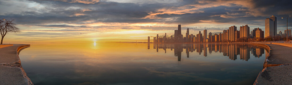 Panoramic Chicago Skyline Cityscape At Night  And  Blue Sky With Cloud, Chicago, United State