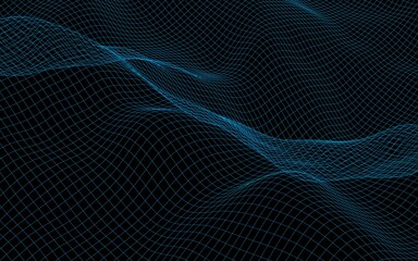 Abstract landscape on a dark background. Cyberspace navy blue grid. hi tech network. 3D illustration