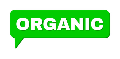 Speech ORGANIC Colored Bubble Frame. ORGANIC text is located inside colored bubble with shadow. Vector quote tag inside forum frame.