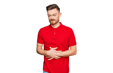 Young redhead man wearing casual clothes with hand on stomach because indigestion, painful illness...