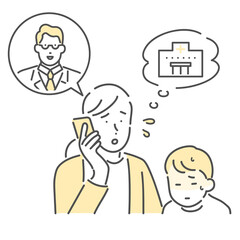 病院の相談窓口に電話をする母親のイラスト素材