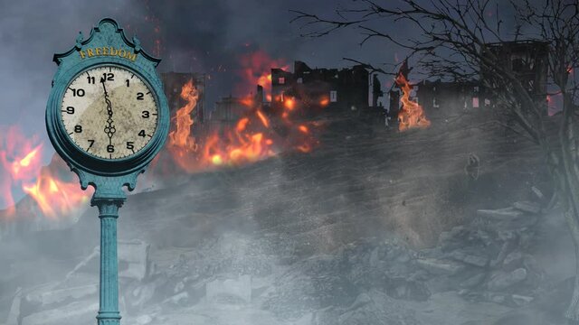 Freedom Under Attack Countdown Clock 4K features a clock with the word Freedom on it turning backward with ruins of a city in flames and smoke.