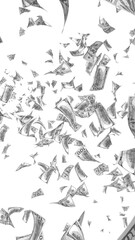 Flying dollars banknotes isolated on white background. Money is flying in the air. 100 US banknotes new sample. Black and white style. 3D illustration
