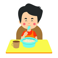 Stock Vector Kids Eating Bowl Porridge